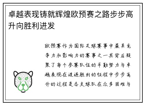 卓越表现铸就辉煌欧预赛之路步步高升向胜利进发