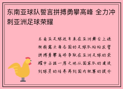 东南亚球队誓言拼搏勇攀高峰 全力冲刺亚洲足球荣耀