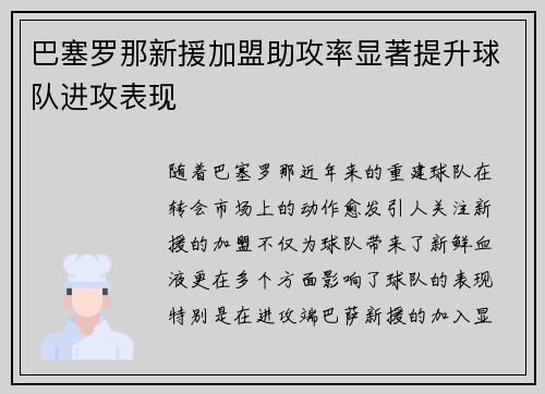 巴塞罗那新援加盟助攻率显著提升球队进攻表现