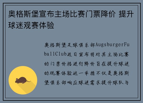 奥格斯堡宣布主场比赛门票降价 提升球迷观赛体验