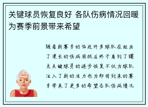 关键球员恢复良好 各队伤病情况回暖为赛季前景带来希望