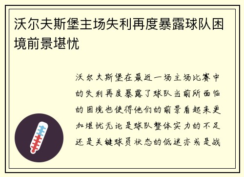 沃尔夫斯堡主场失利再度暴露球队困境前景堪忧