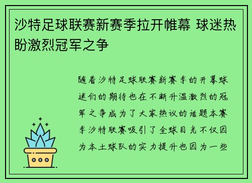 沙特足球联赛新赛季拉开帷幕 球迷热盼激烈冠军之争