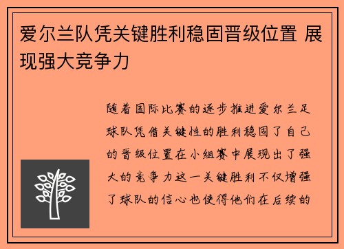 爱尔兰队凭关键胜利稳固晋级位置 展现强大竞争力