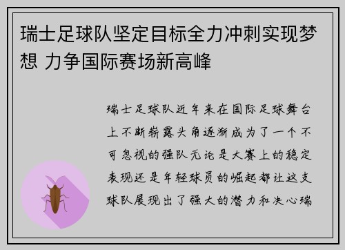 瑞士足球队坚定目标全力冲刺实现梦想 力争国际赛场新高峰