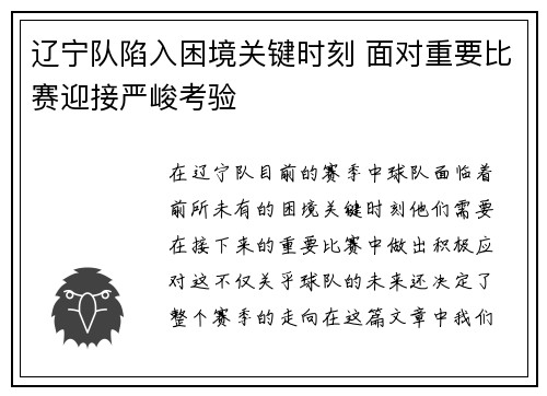 辽宁队陷入困境关键时刻 面对重要比赛迎接严峻考验