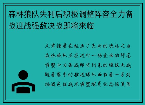 森林狼队失利后积极调整阵容全力备战迎战强敌决战即将来临
