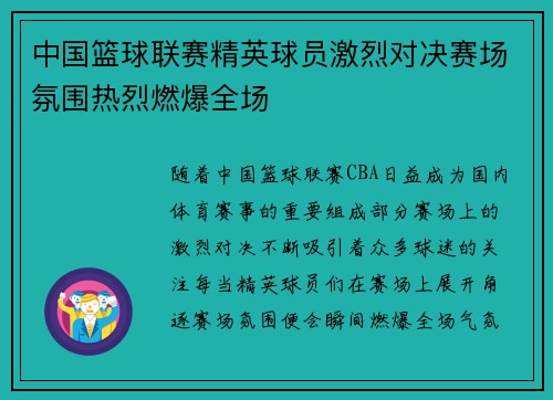 中国篮球联赛精英球员激烈对决赛场氛围热烈燃爆全场